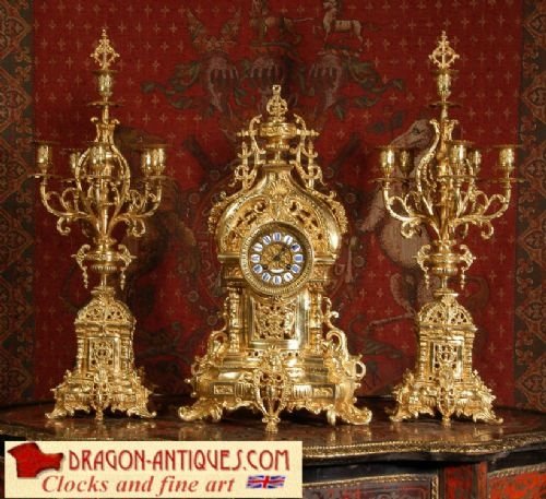 Large and Stunning Antique French Gilt Brass Clock Set.