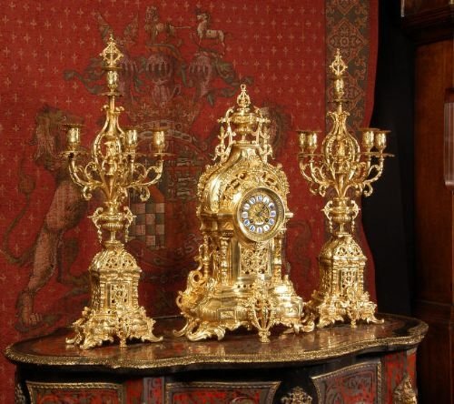 fig 1. Large and Stunning Antique French Gilt Brass Clock Set.