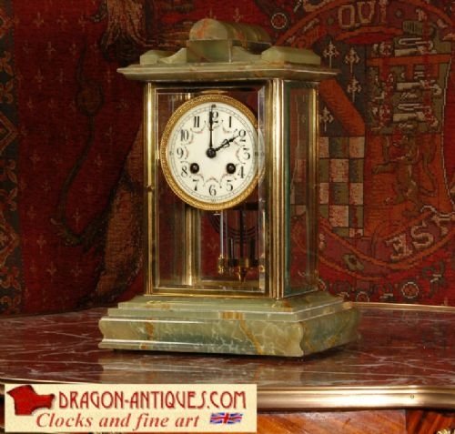 Green Onyx and Ormolu Four Glass Table Clock by Samuel Marti, Antique French.