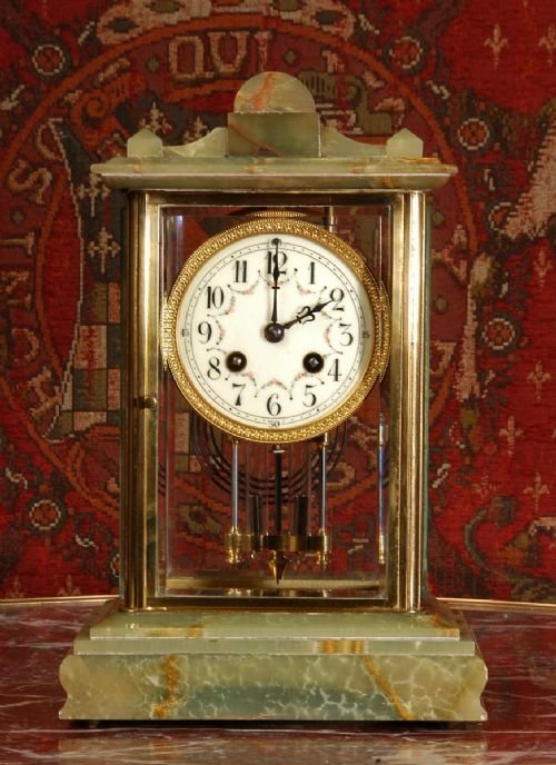 fig 1. Green Onyx and Ormolu Four Glass Table Clock by Samuel Marti, Antique French.