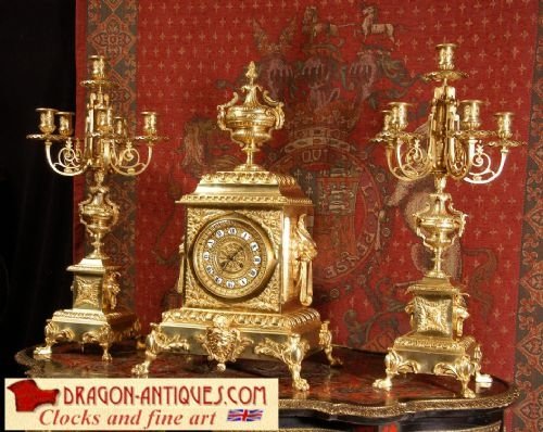 Huge and Stunning Gilt Brass Classical Clock Set, French - Circa 1870.