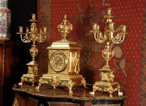 fig 1. Huge and Stunning Gilt Brass Classical Clock Set, French - Circa 1870.