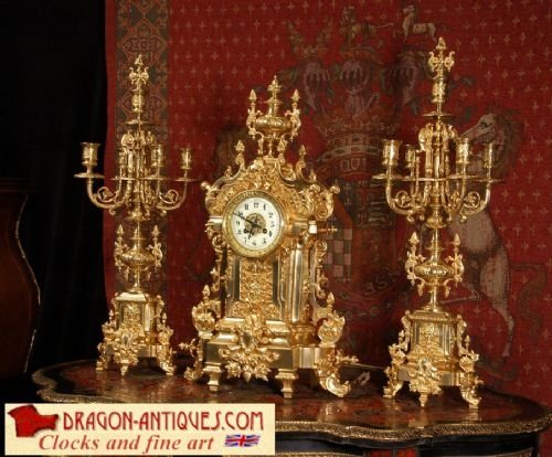 Large and Stunning Antique French Gilt Brass Clock Set