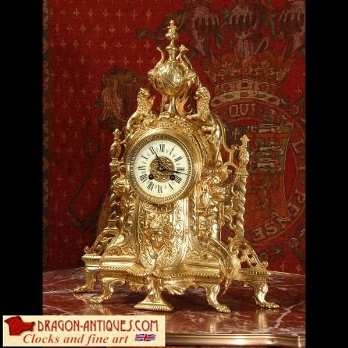 Stunning Antique French Gilt Brass Clock with Lions Rampant