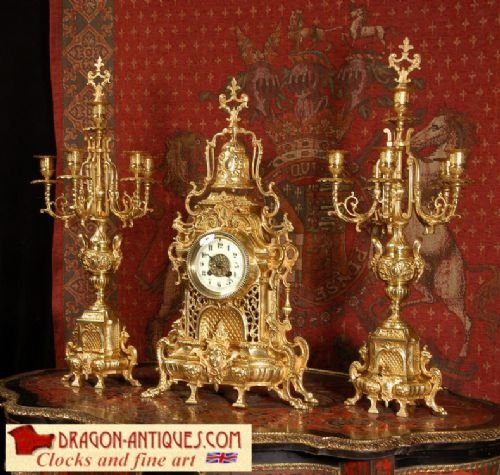 Large Antique French Gothic Candelabra Clock Set by Samuel Marti