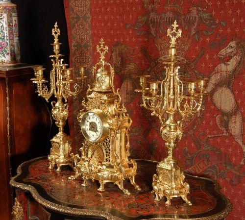 fig 1. Large Antique French Gothic Candelabra Clock Set by Samuel Marti