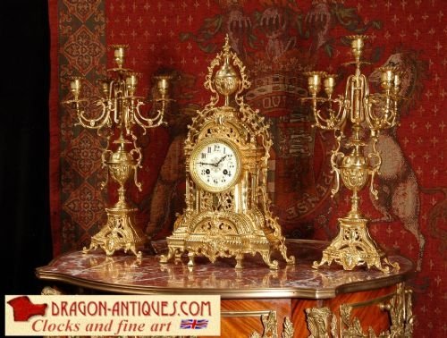 Stunning Antique French Brass Clock Set