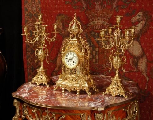fig 1. Stunning Antique French Brass Clock Set