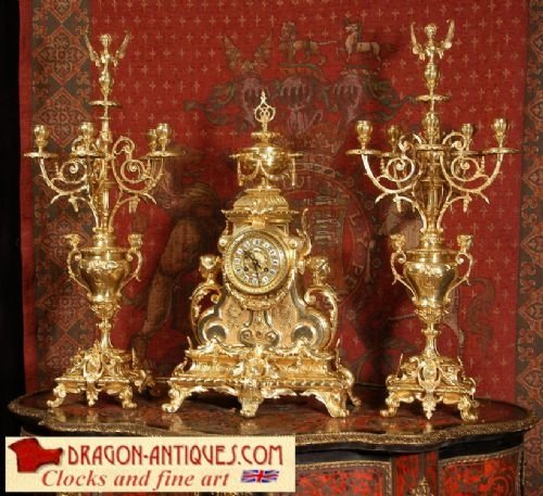 Huge Gilt Bronze Clock Set, Antique French, Goddess Nike