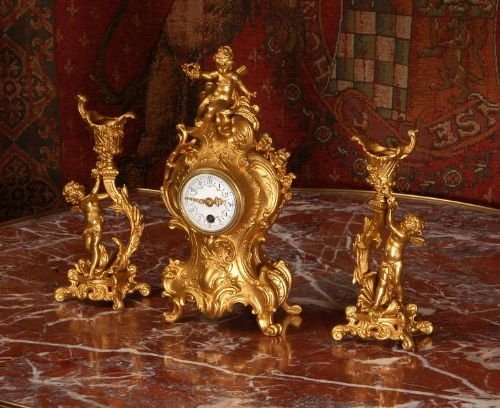 fig 1. Stunning Rococo Antique French Miniature Clock Set