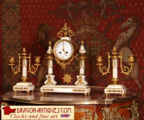 Japy Freres White Marble and Ormolu Portico Clock Set