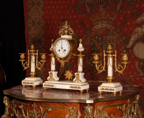 fig 1. Japy Freres White Marble and Ormolu Portico Clock Set