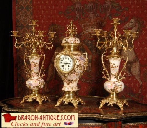 Antique French Faïence and Gilt Brass Clock Set