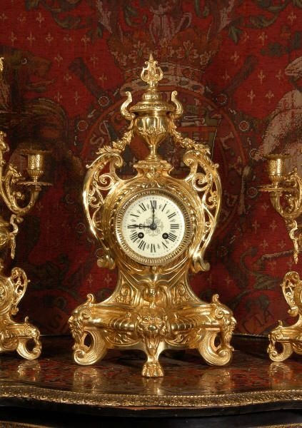 fig 1. Antique French Gilt Brass Baroque Clock Set