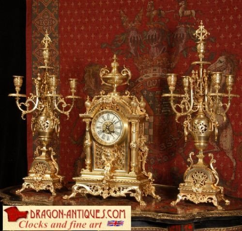 Large and Stunning Japy Freres Brass Clock Set