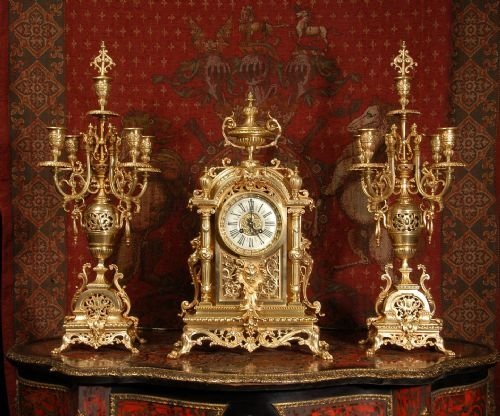 fig 1. Large and Stunning Japy Freres Brass Clock Set