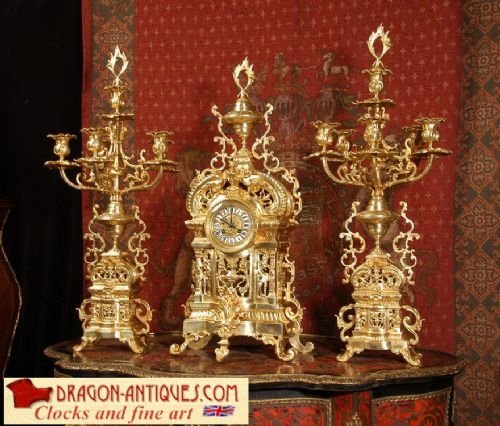 Huge Antique French Gilt Brass Clock Set