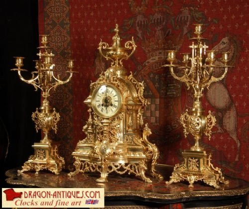 Large and Stunning Antique French Gilt Brass Clock Set by A. D. Mougin
