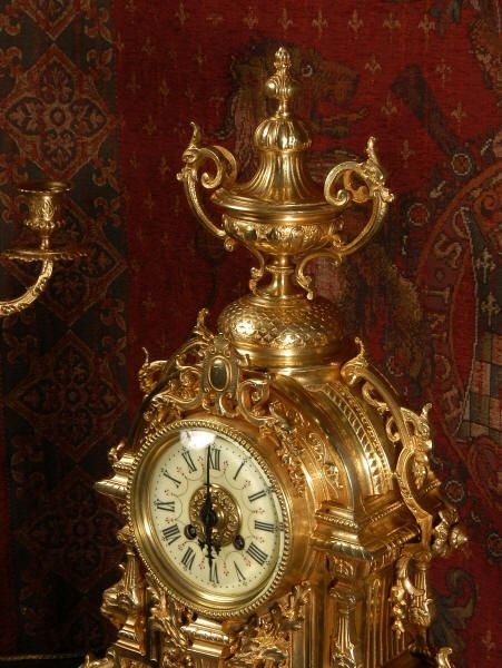 fig 3. Large and Stunning Antique French Gilt Brass Clock Set by A. D. Mougin