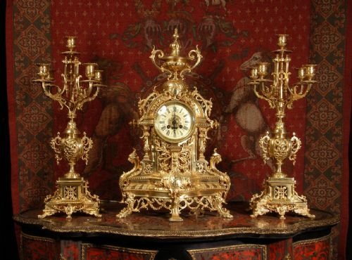 fig 1. Large and Stunning Antique French Gilt Brass Clock Set by A. D. Mougin