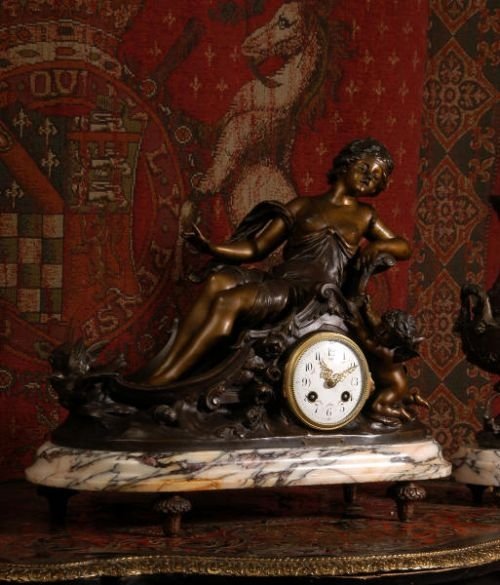 fig 2. Le Char De Venus, Large Antique French Clock Set, Japy Freres
by Hippolyte François Moreau (1832-1927) 