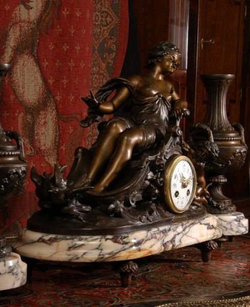 fig 1. Le Char De Venus, Large Antique French Clock Set, Japy Freres
by Hippolyte François Moreau (1832-1927) 