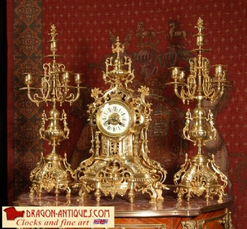 Large Antique Gilt Brass Clock Set
