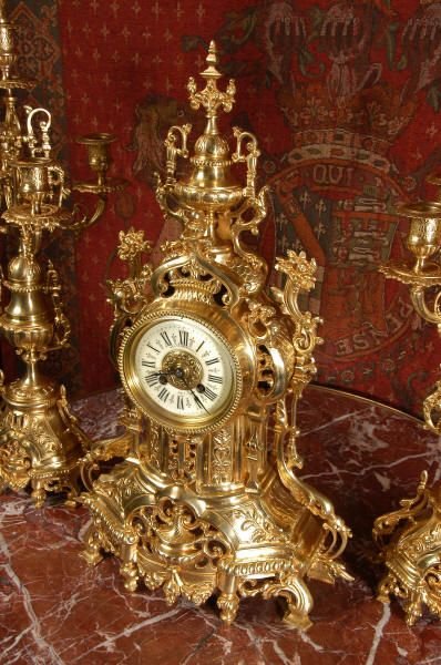 fig 1. Large Antique Gilt Brass Clock Set