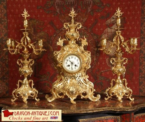 Japy Freres Large Antique French Rococo Clock Set