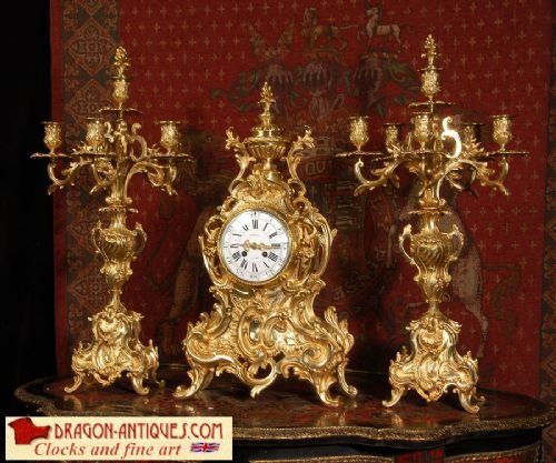 Stunning Large Antique French Gilt Brass Rococo Clock Set, by A. D. Mougin
