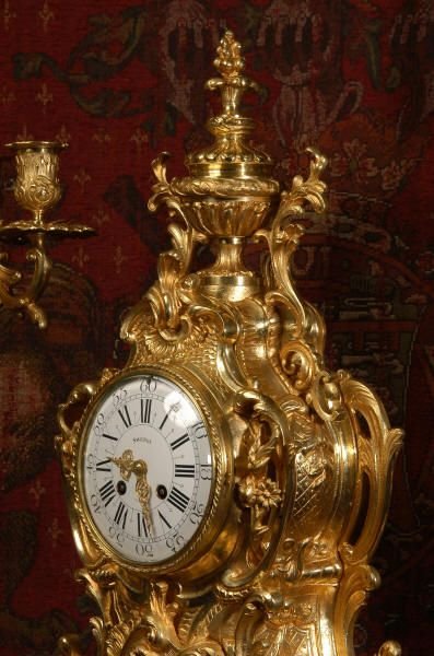 fig 2. Stunning Large Antique French Gilt Brass Rococo Clock Set, by A. D. Mougin