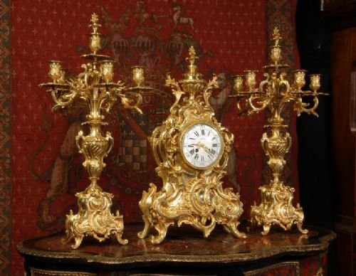 fig 1. Stunning Large Antique French Gilt Brass Rococo Clock Set, by A. D. Mougin