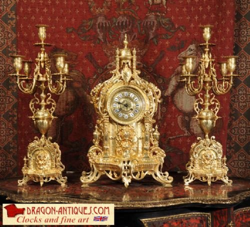 Japy Freres Large Antique French Gilt Brass Clock Set