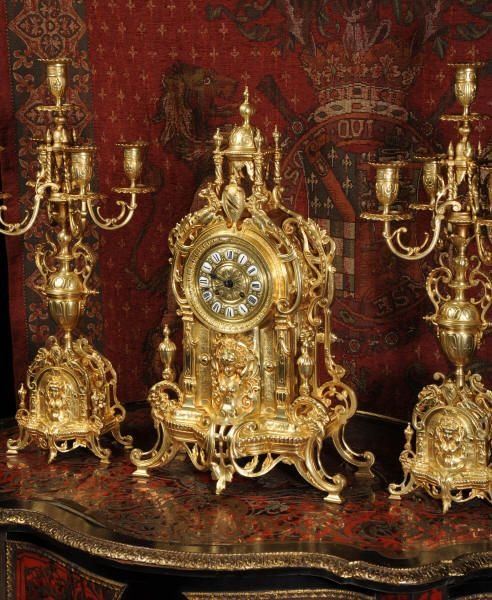 fig 1. Japy Freres Large Antique French Gilt Brass Clock Set