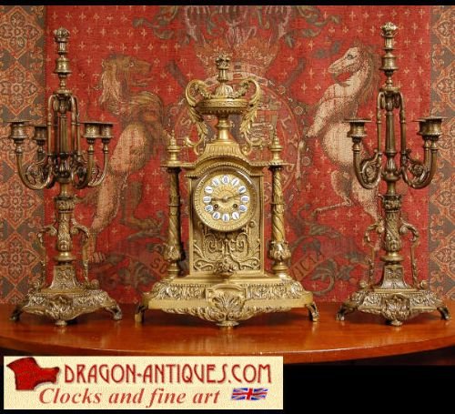 Large and Impressive Bronze Candelabra Clock Set -Japy Freres