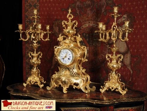 Louis Japy Large Antique French Gilt Brass Clock Set