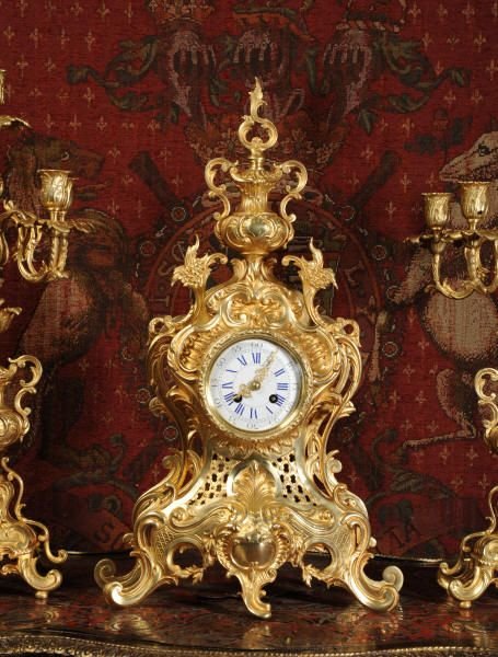 fig 1. Louis Japy Large Antique French Gilt Brass Clock Set