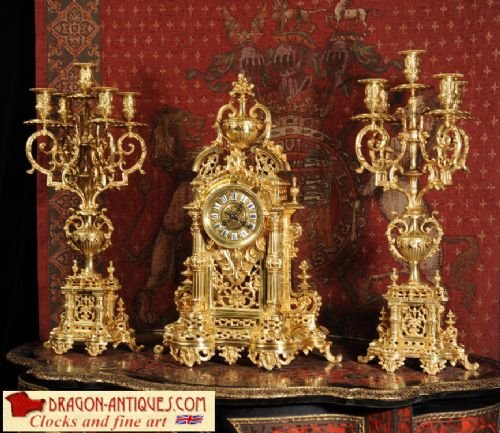 Large Antique French Gilt Bronze Candelabra Clock Set