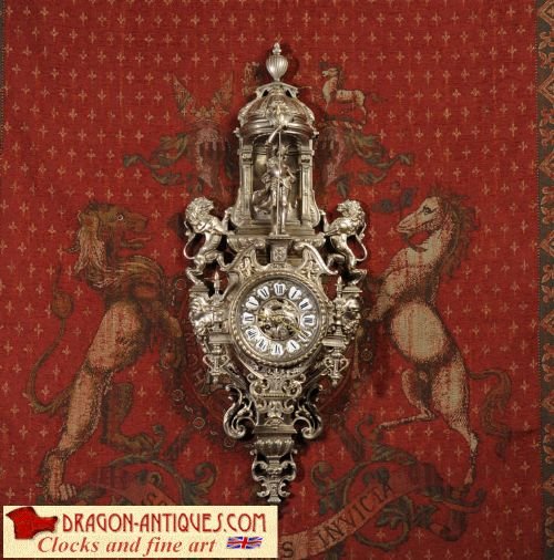 Huge Antique French Cartel Wall Clock Knight and Lions Rampant