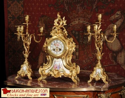 Stunning Sevres Porcelain and Gilt Brass Clock Set