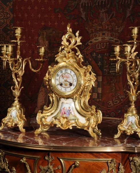 fig 1. Stunning Sevres Porcelain and Gilt Brass Clock Set