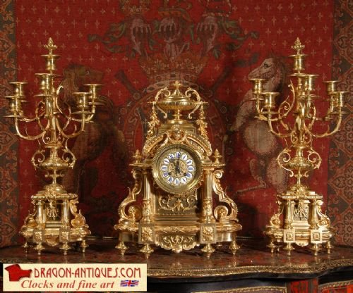Superb Japy Freres Large Antique French Brass Clock Set