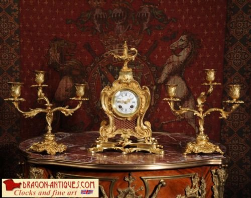 Antique French Rococo Boudoir Table Clock Set ~ A. D. Mougin