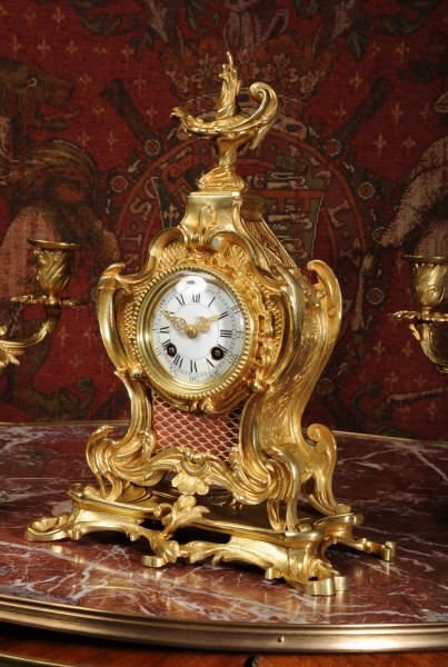 fig 1. Antique French Rococo Boudoir Table Clock Set ~ A. D. Mougin