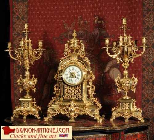 Large Antique French Gilt Brass Clock Set