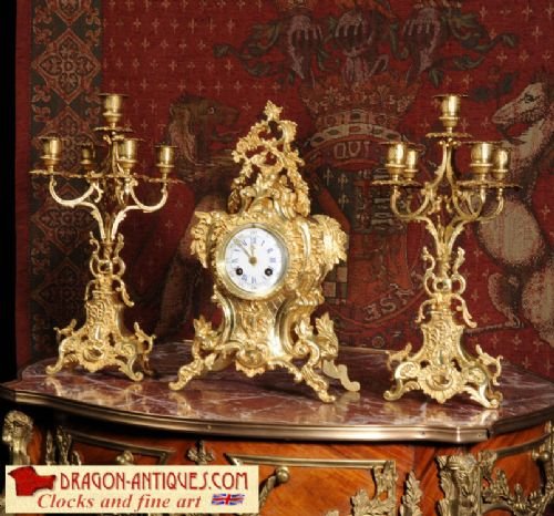 Antique French Rococo Gilt Brass Boudoir Clock Set