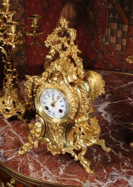fig 1. Antique French Rococo Gilt Brass Boudoir Clock Set
