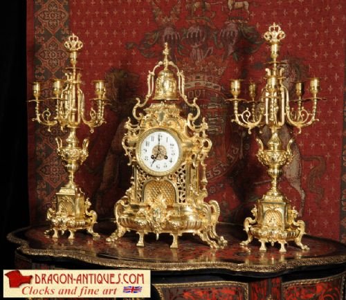 Large Antique French Gothic Candelabra Clock Set by Japy Freres