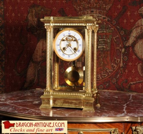 Large Antique French Gilt Brass Four Glass Crystal Regulator