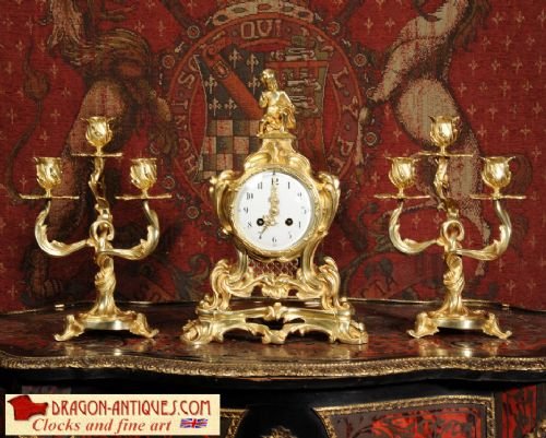 Antique French Ormolu Rococo Boudoir Clock Set ~ A. D. Mougin